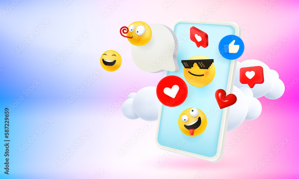 Poster Social media mobile application use concept with emoji and smartphone. 3d vector banner with copy space