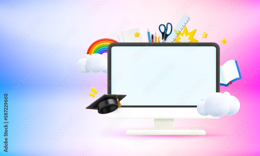 Poster Computer monitor with education elements and blank screen. 3d vector banner with copy space