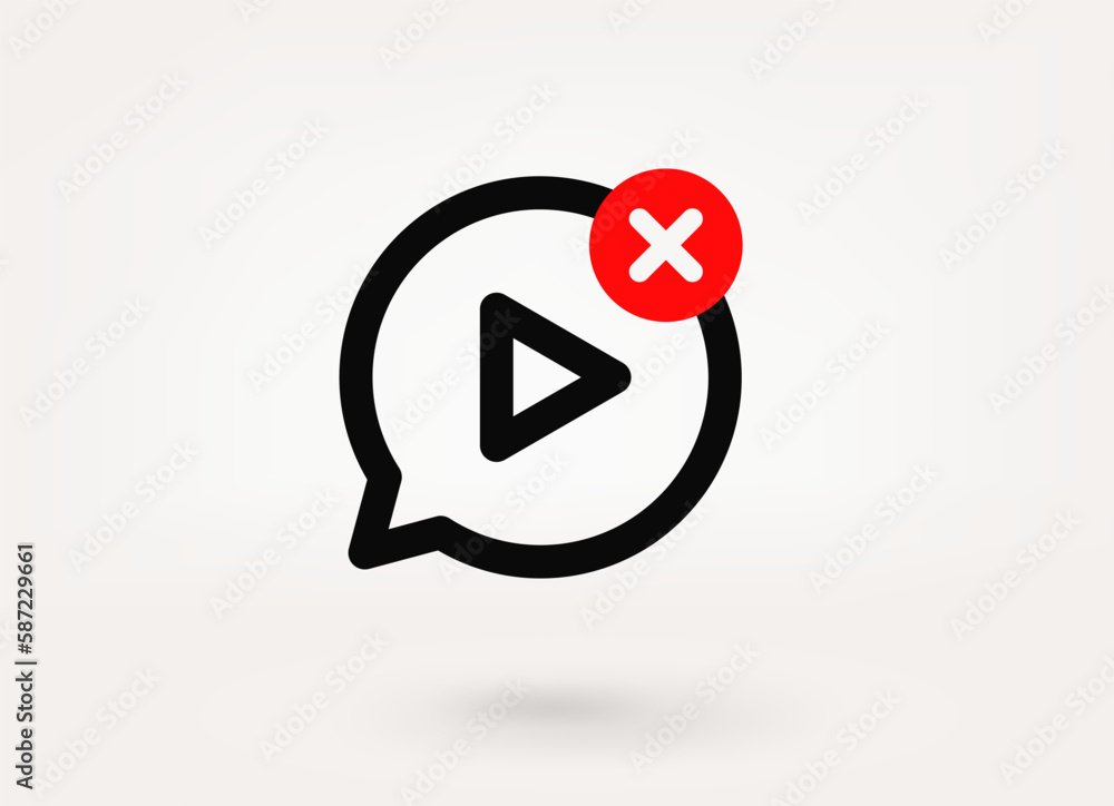 Poster speech cloud pictogram with play sign and ban mark. 3d vector icon