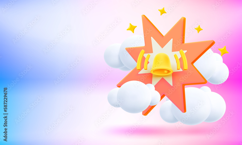 Poster blue plane with star flash and ringing bell. 3d vector banner with copy space