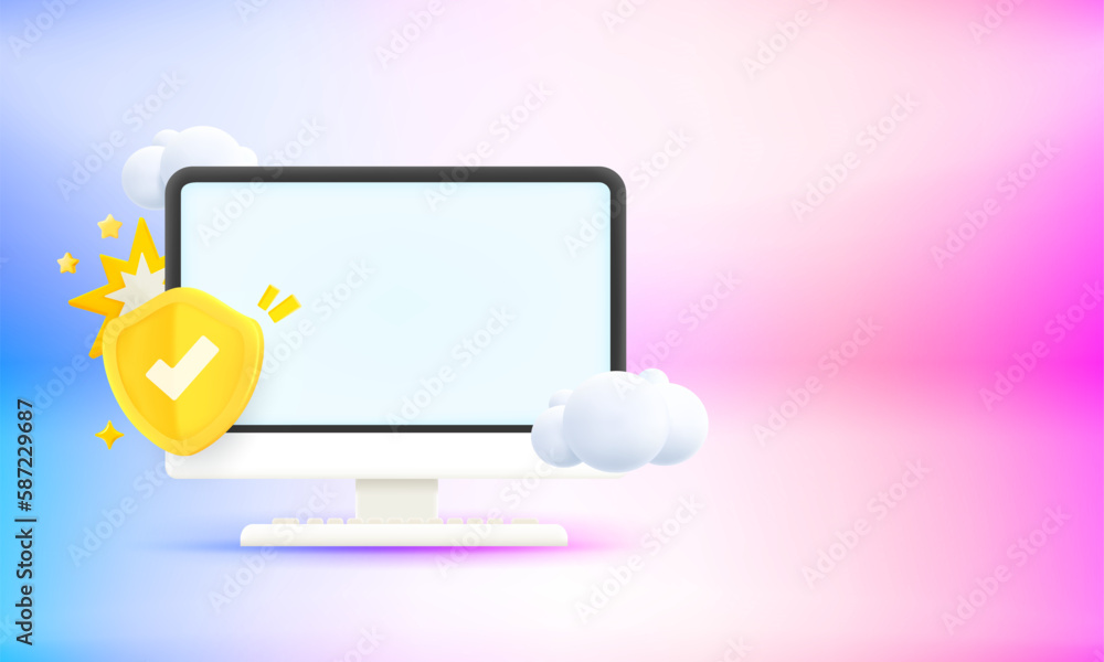 Leinwandbilder Computer monitor with shield and blank screen. 3d vector banner with copy space