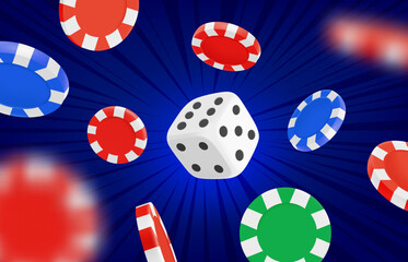 Casino game concept with dice and casini chips. 3d vector concept