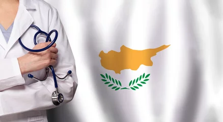 Keuken spatwand met foto Cyprus medicine and healthcare concept. Doctor close up against flag of Cyprus background © millaf
