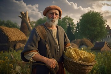 Medieval farmer with wheat basket. Generate Ai - obrazy, fototapety, plakaty