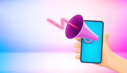 Obraz na płótnie Canvas Breaking news concept. Cartoon hand holding modern smartphone with loud speaker. 3d vector illustration with holographic background