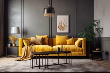 Modern living room interior with comfortable sofa. Generative AI