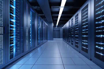 Shot of corridor in working data centre full of rack servers and supercomputers 