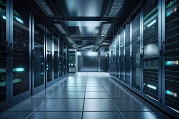 Obraz na płótnie Canvas Shot of corridor in working data centre full of rack servers and supercomputers 
