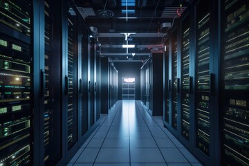 Shot of corridor in working data centre full of rack servers and supercomputers 
