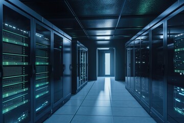 Shot of corridor in working data centre full of rack servers and supercomputers 