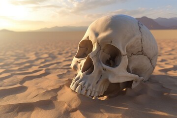 Human skull in desert. Generate Ai