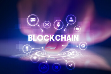 Finger touching tablet with web technology icons concept