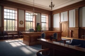 Empty american style courtroom. supreme court of law and justice trial stand