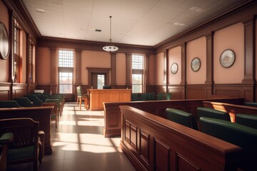 Empty american style courtroom. supreme court of law and justice trial stand