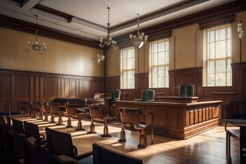 Empty american style courtroom. supreme court of law and justice trial stand