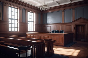 Empty american style courtroom. supreme court of law and justice trial stand