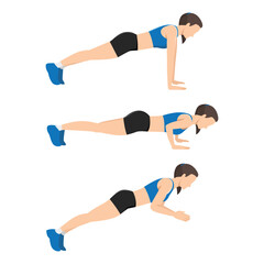 Sport woman doing exercise with Clapping Push Up posture start with plank and end with a clap in midair. Workout poses for Cardio.