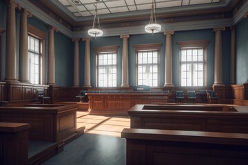 Empty american style courtroom. supreme court of law and justice trial stand