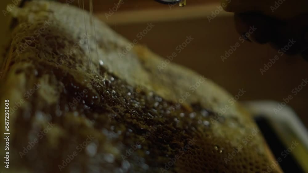 Poster close-up of an uncapping fork used to prepare the honeycomb