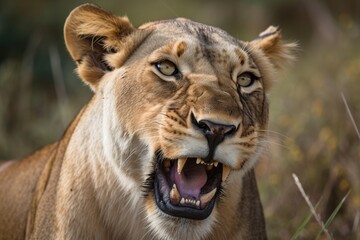 Fototapeta premium At Maasai Mara National Reserve, a lioness is drooling. Generative AI