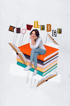 Vertical creative photo 3d collage of positive girlish woman sitting on big book reading preparing for exam isolated on drawing background