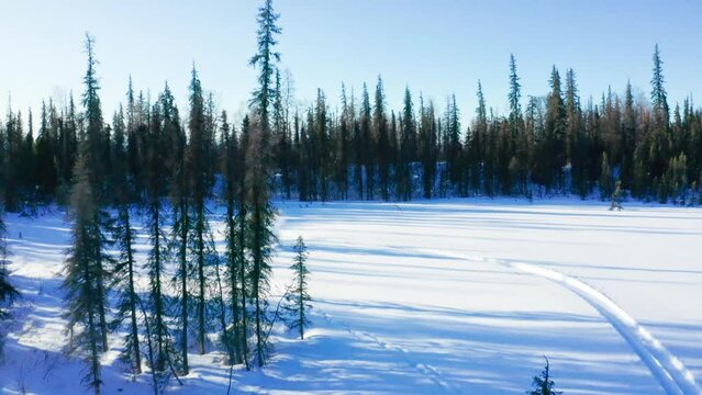 Two friends snowmobiling through the snow-covered terrain of Talkeetna, Alaska, pushing the limits of their snowmobiles, having fun and enjoying the breathtaking winter landscape
