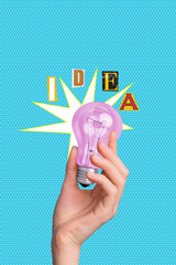 Vertical creative photo collage illustration of big human hand hold purple lightbulb got great new idea isolated on drawing background