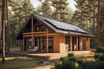 Fototapeta na wymiar 3d render of modern forest cabin with solar panels on the roof