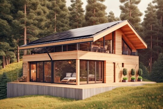3d render of modern forest cabin with solar panels on the roof