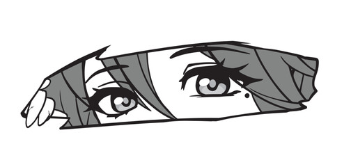 Anime manga eyes looking from a paper tear. Cute green flirty sight, monochrome colors. Vector hand drawn. - obrazy, fototapety, plakaty