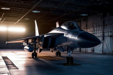 Military jet in hangar. Generate Ai