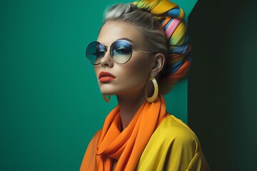 Beautiful fashion model portrait. European young woman wearing wearing glasses. Bright colors, stylish makeup. Generative AI