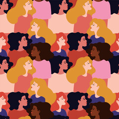 Seamless pattern with young women with different skin color.Social diversity. Vector illustration