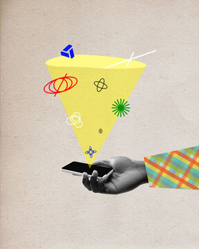 Male hand with mobile phone. Endless internet space, information search, new opportunities. Online job. Contemporary art collage. Creative design. Concept of modern technologies, surrealism, network
