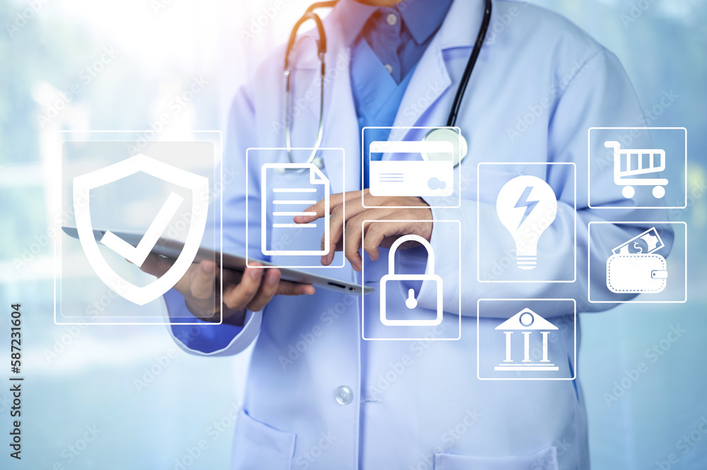 Aufkleber documents concept, doctor use computer connection server data base patient for technology treatment 
