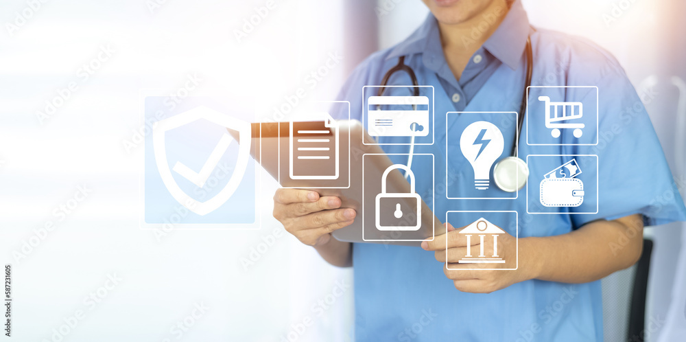 Aufkleber documents concept, doctor use computer connection server data base patient for technology treatment 
