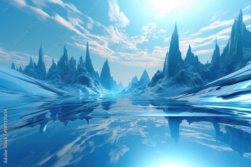 Poster abstract future background in sky blue tones with fractal horizon. generative ai