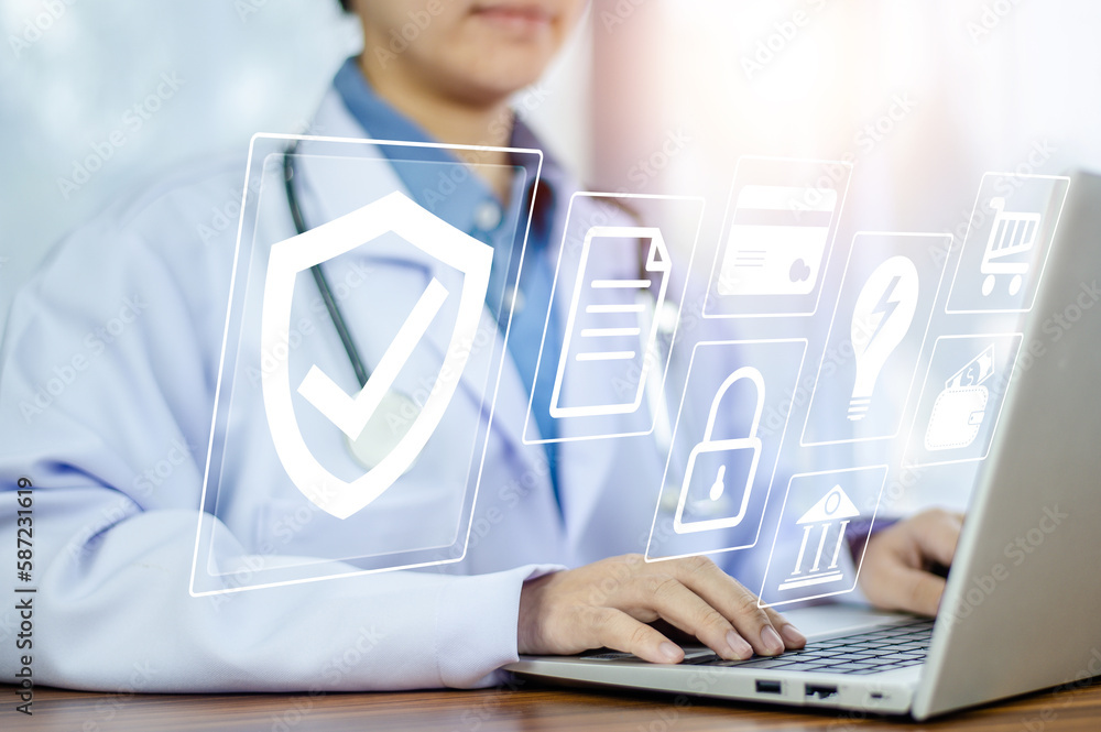 Poster doctor using technology document management on computer system management for cardiologist specialis