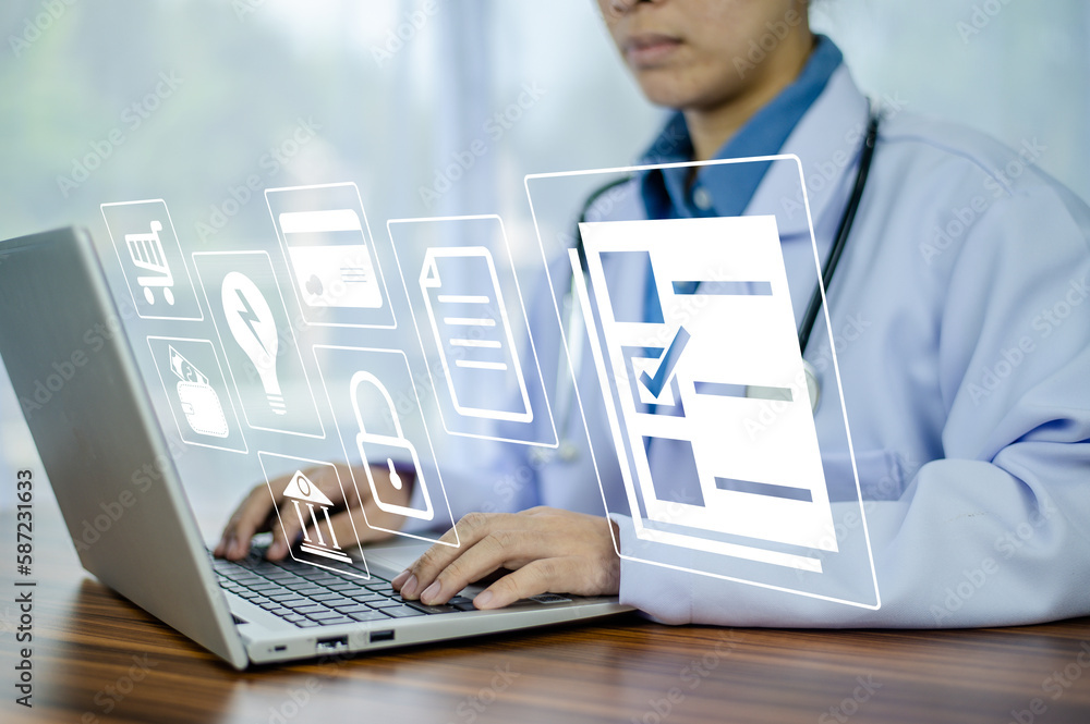 Poster doctor using technology document management on computer system management for cardiologist specialis