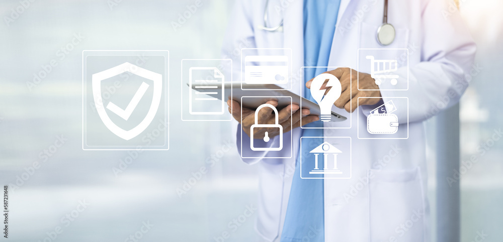 Aufkleber documents concept, doctor use computer connection server data base patient for technology treatment 