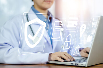 Doctor using technology document management on computer system management for cardiologist...