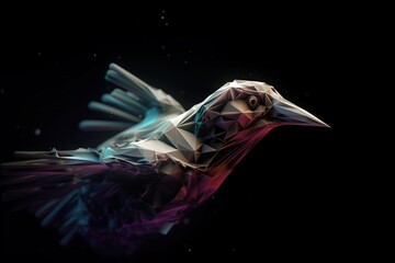 Obraz na płótnie Canvas Futuristic glowing low poly flying bird, abstract dark bird isolated on dark background made with generative AI
