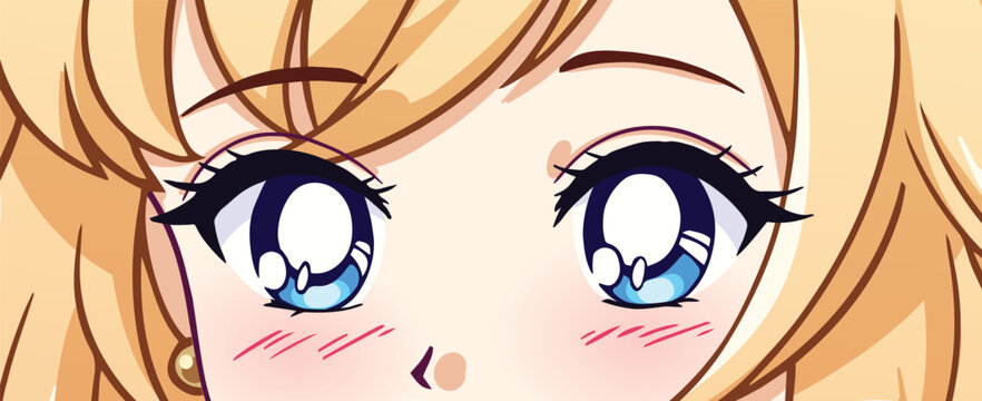 Anime manga blue eyes close up. Blonde hair. Hand drawn vector illustration