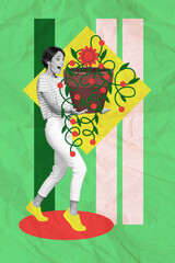 Vertical collage portrait of impressed black white gamma girl arms hold flowerpot isolated on green...
