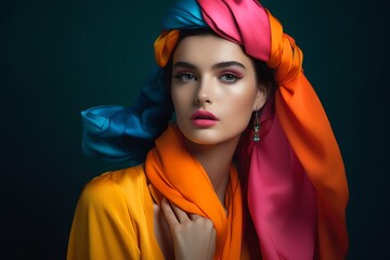 Beautiful fashion model portrait. European young woman portrait. Bright colors, stylish makeup. Generative AI