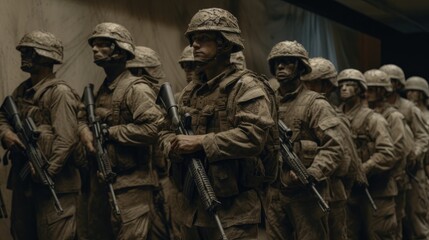 Obraz premium Soldiers in military uniform with weapons in their hands. Machine guns and body armor. generative ai