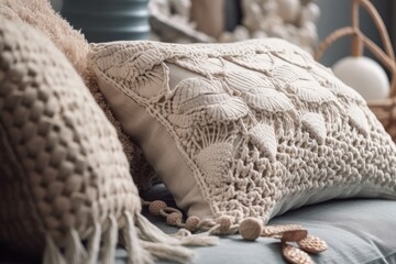 Fototapeta premium pillow cushion crocheted macrame with shell and beads isolated on white. Modern boho, scandinavian, and minimal environmental design interior details. Generative AI