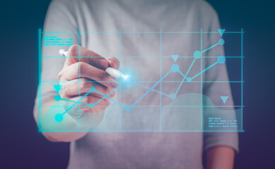 Futuristic technology, KPI Dashboard on virtual screen. Business finance data analytics graph. Financial management technology. Virtual dashboard analyzing finance sales data and economic growth graph