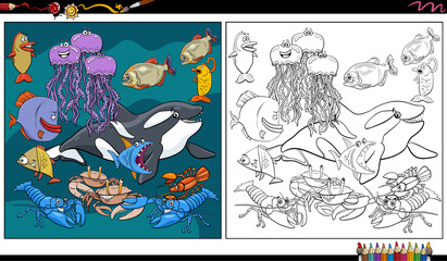 cartoon marine animal characters group coloring page