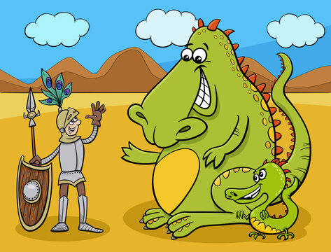 dragons and knight having a friendly talk cartoon illustration